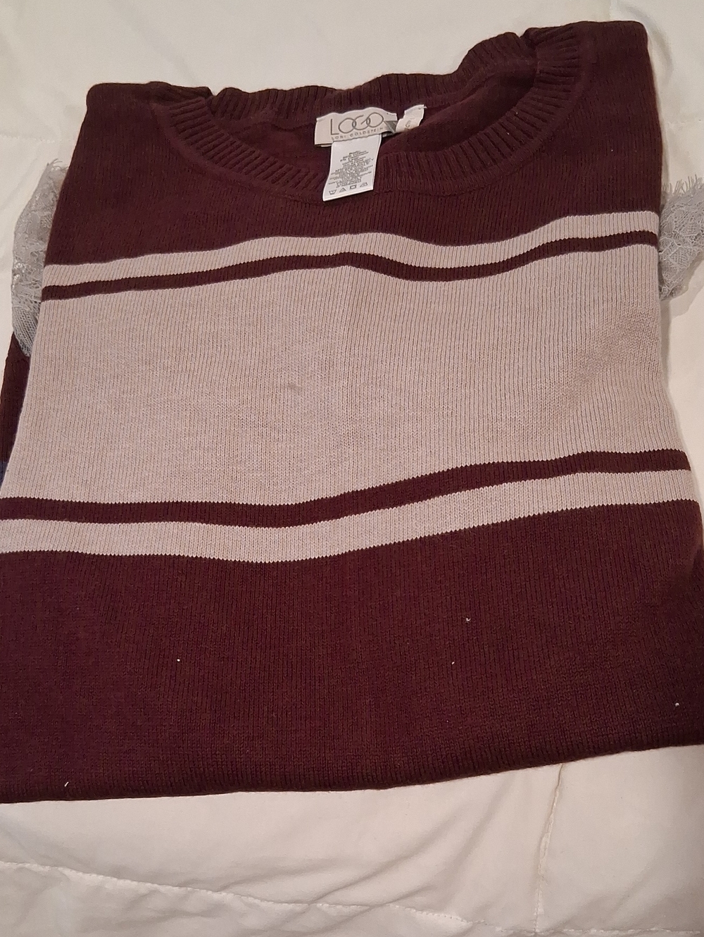 Women's Burgundy and Mauve Striped Sweater Logo By Lori Goldstein